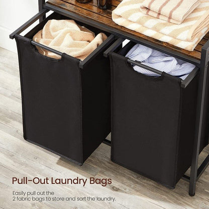 Vasagle Laundry Basket Hamper Sorter Rack with 2 Pull-Out Compartments & Storage Shelf (Ink Black & Rustic Brown)
