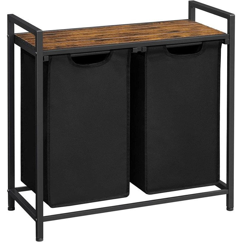 Vasagle Laundry Basket Hamper Sorter Rack with 2 Pull-Out Compartments & Storage Shelf (Ink Black & Rustic Brown)