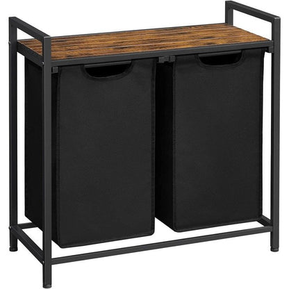 Vasagle Laundry Basket Hamper Sorter Rack with 2 Pull-Out Compartments & Storage Shelf (Ink Black & Rustic Brown)