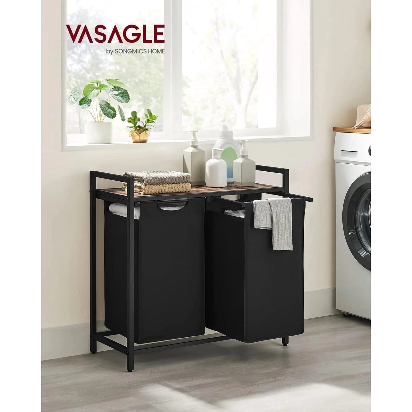 Vasagle Laundry Basket Hamper Sorter Rack with 2 Pull-Out Compartments & Storage Shelf (Ink Black & Rustic Brown)