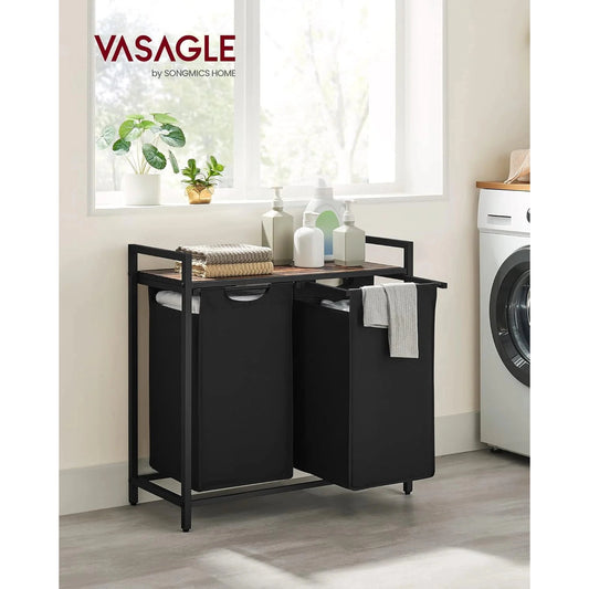 Vasagle Laundry Basket Hamper Sorter Rack with 2 Pull-Out Compartments & Storage Shelf (Ink Black & Rustic Brown)