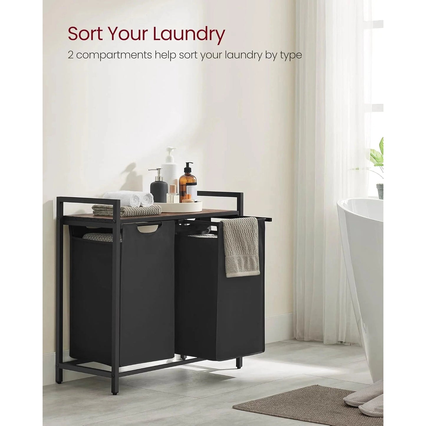 Vasagle Laundry Basket Hamper Sorter Rack with 2 Pull-Out Compartments & Storage Shelf (Ink Black & Rustic Brown)