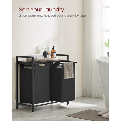 Vasagle Laundry Basket Hamper Sorter Rack with 2 Pull-Out Compartments & Storage Shelf (Ink Black & Rustic Brown)