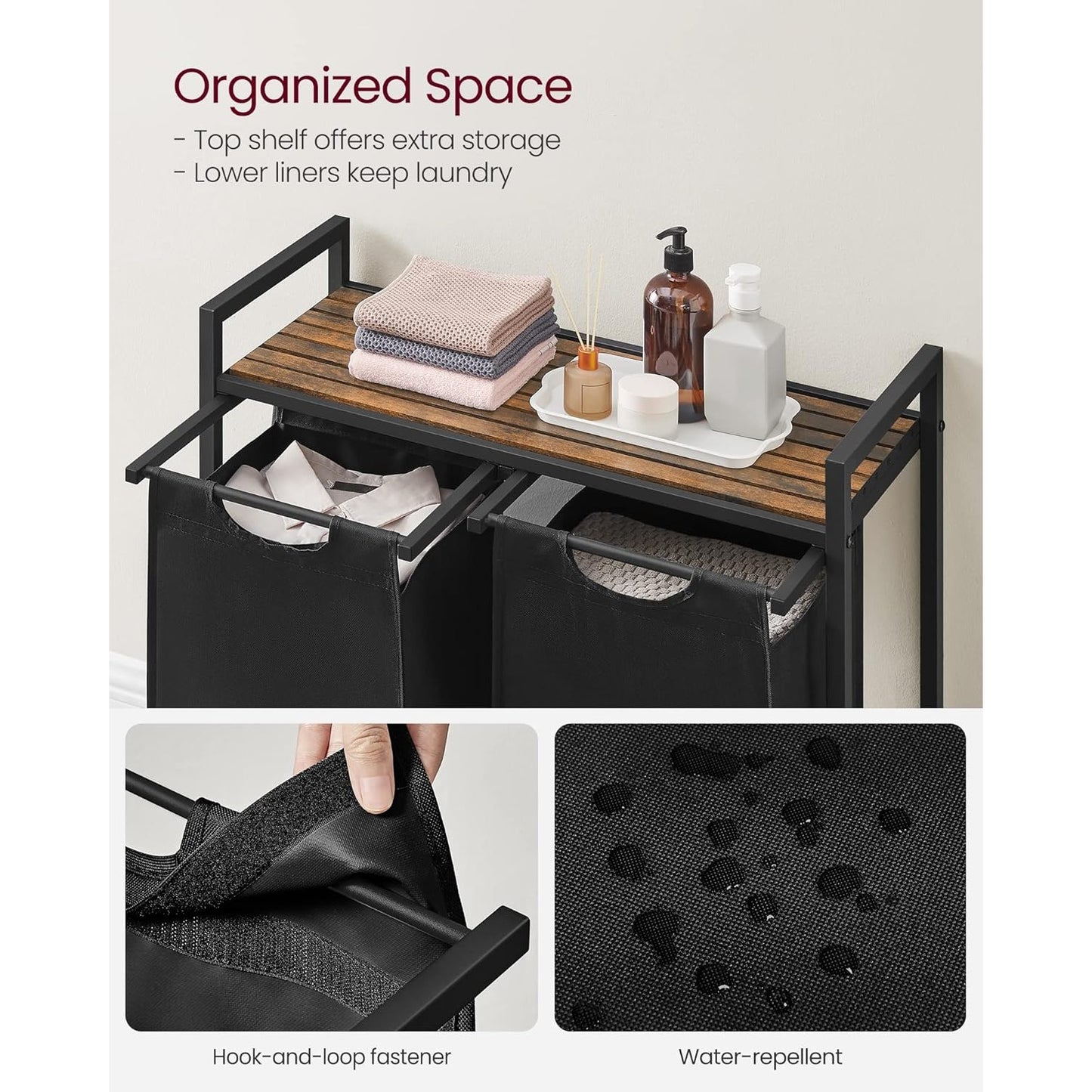 Vasagle Laundry Basket Hamper Sorter Rack with 2 Pull-Out Compartments & Storage Shelf (Ink Black & Rustic Brown)