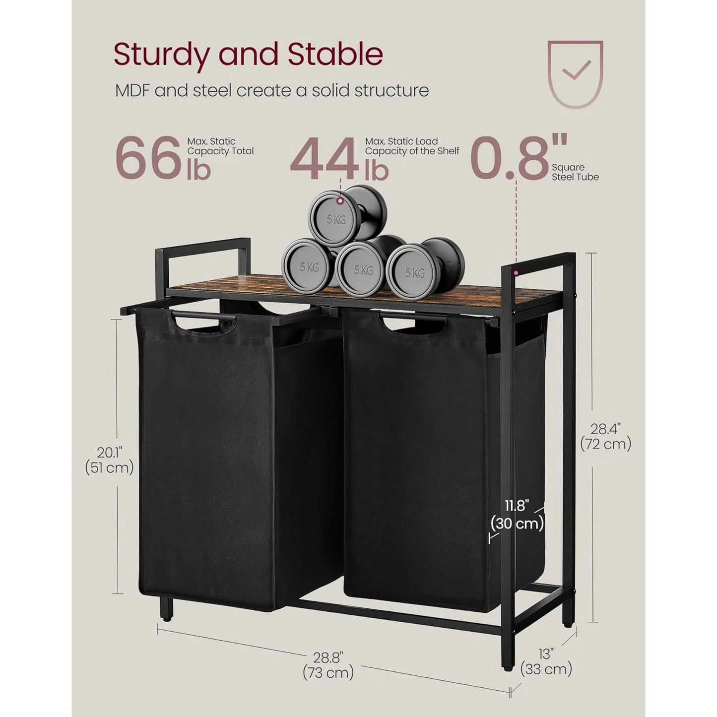 Vasagle Laundry Basket Hamper Sorter Rack with 2 Pull-Out Compartments & Storage Shelf (Ink Black & Rustic Brown)