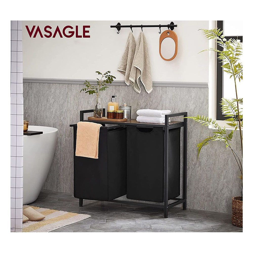 Vasagle Laundry Basket Hamper Sorter Rack with 2 Pull-Out Compartments & Storage Shelf (Ink Black & Rustic Brown)
