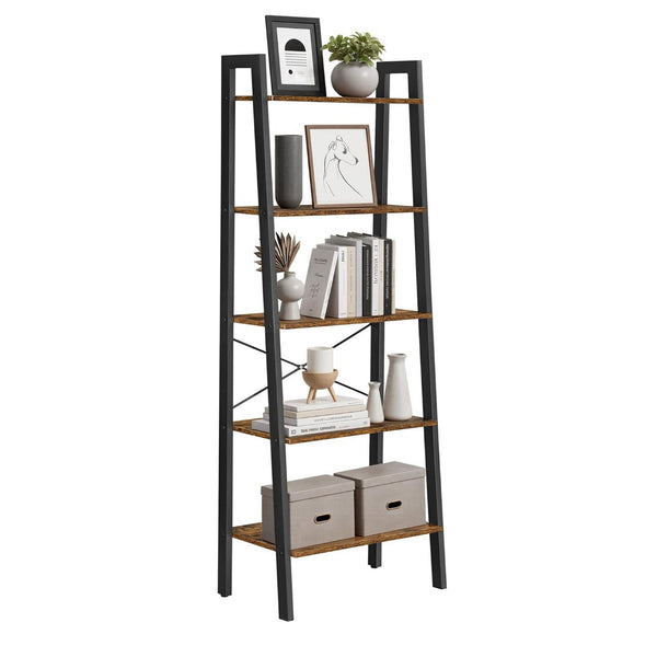 Vasagle 5-Tier Ladder Shelf Bookshelf Bookcase Storage Rack with Steel Frame Ink Black & Rustic Brown