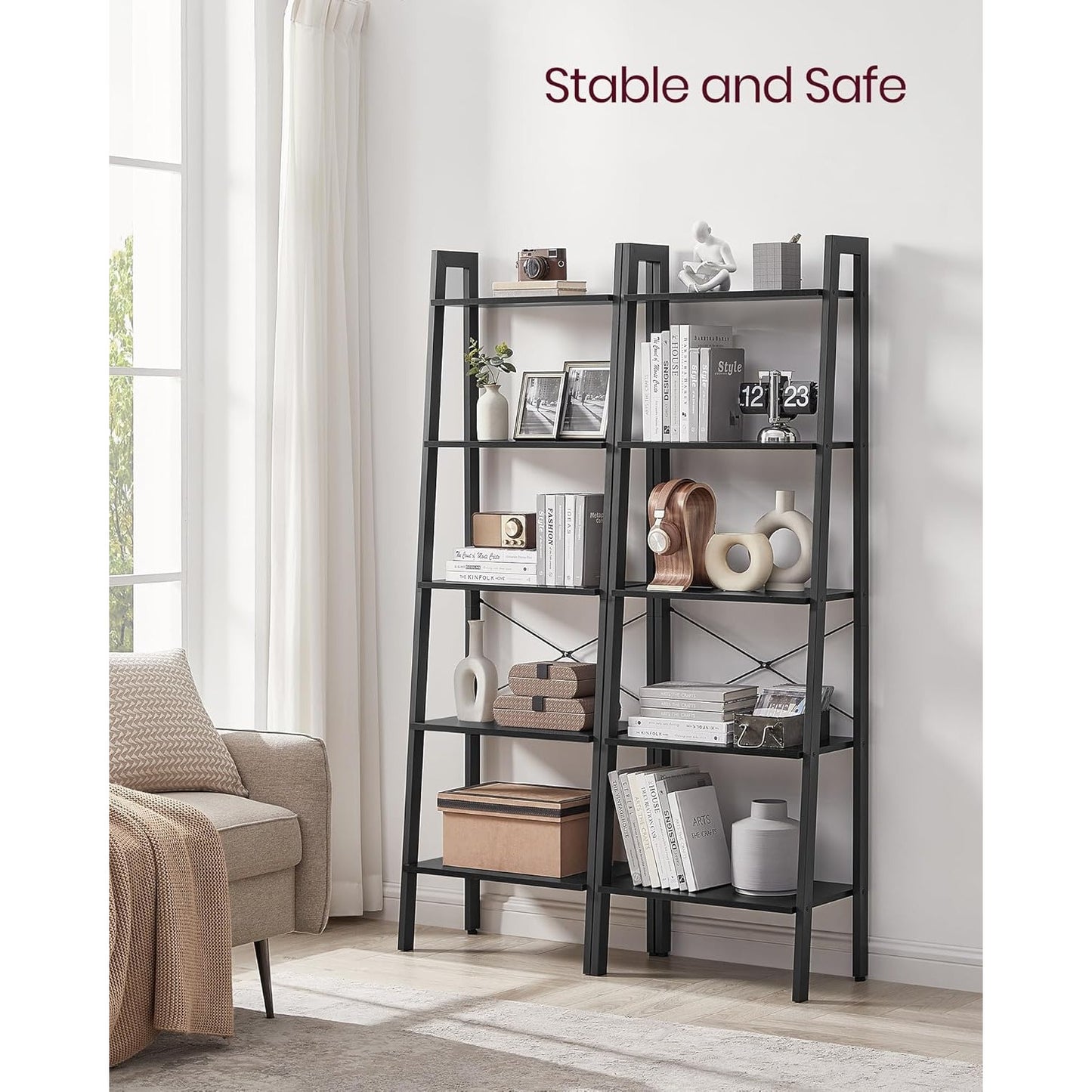 Vasagle 5-Tier Ladder Shelf Bookshelf Bookcase Storage Rack with Steel Frame (Ink Black & Rustic Brown)
