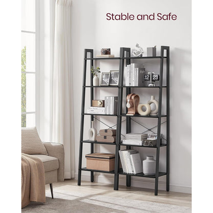 Vasagle 5-Tier Ladder Shelf Bookshelf Bookcase Storage Rack with Steel Frame (Ink Black & Rustic Brown)