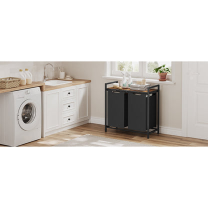 Vasagle Laundry Basket Hamper Sorter Rack with 2 Pull-Out Compartments & Storage Shelf (Ink Black & Rustic Brown)