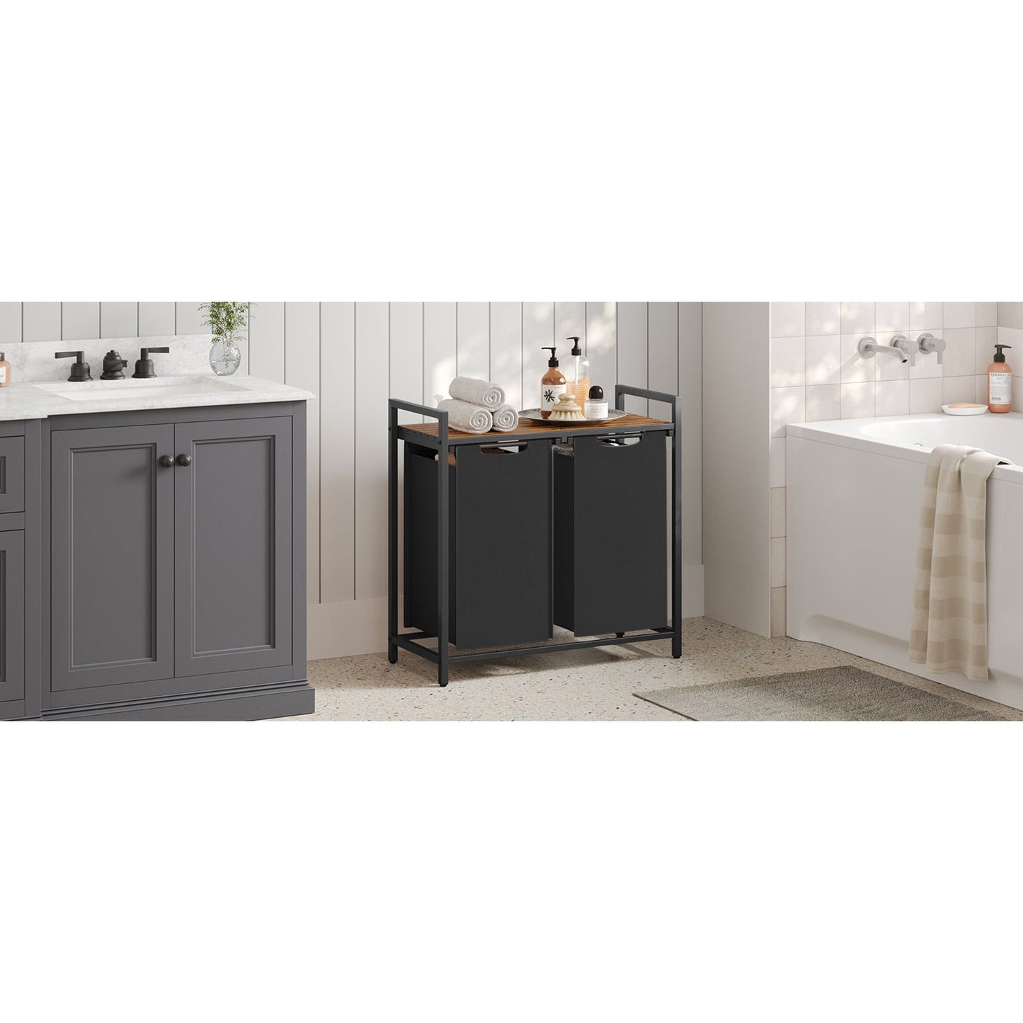 Vasagle Laundry Basket Hamper Sorter Rack with 2 Pull-Out Compartments & Storage Shelf (Ink Black & Rustic Brown)