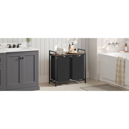 Vasagle Laundry Basket Hamper Sorter Rack with 2 Pull-Out Compartments & Storage Shelf (Ink Black & Rustic Brown)