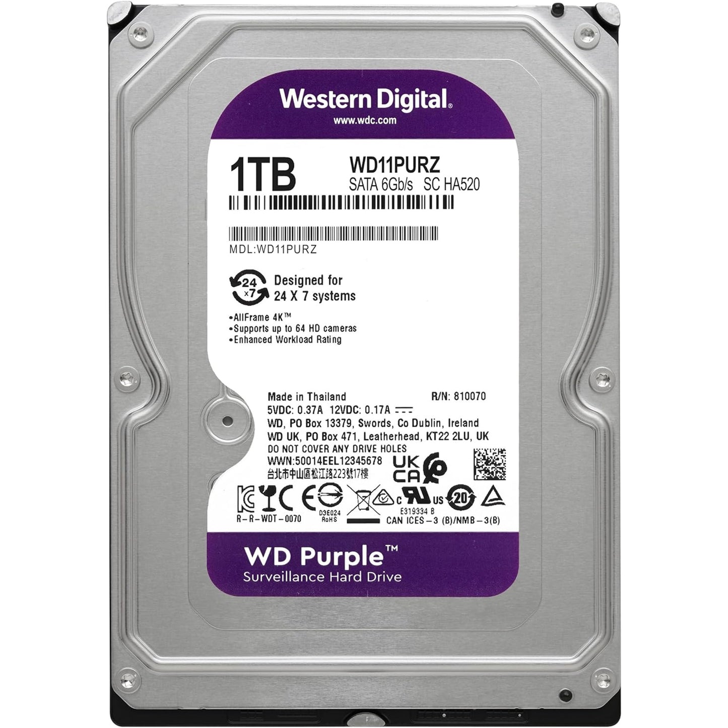 WD Purple 1TB SATA 3.5" 64MB Surveillance HDD 3 Years Warranty