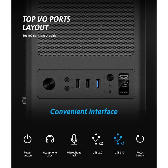 Zalman S2 ATX Mid-Tower PC Case with Acrylic Side Panel Window Black